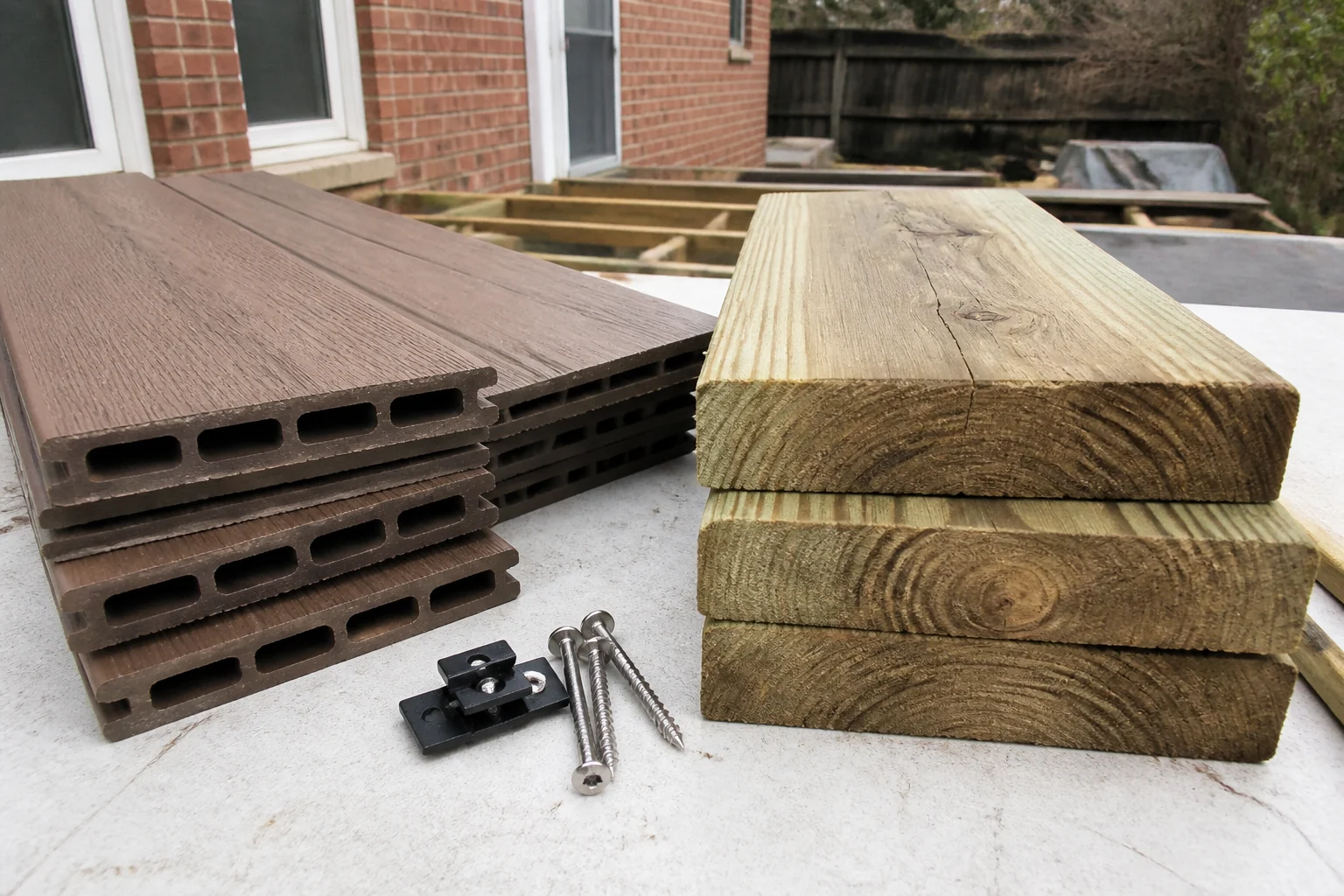Composite and pressure-treated decking boards compared outdoors with visible grain, fasteners and edge profiles