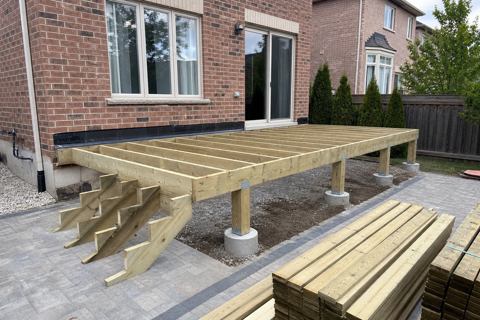 Custom deck under construction behind a Greater Toronto Area brick home with foundations, beams and joists visible