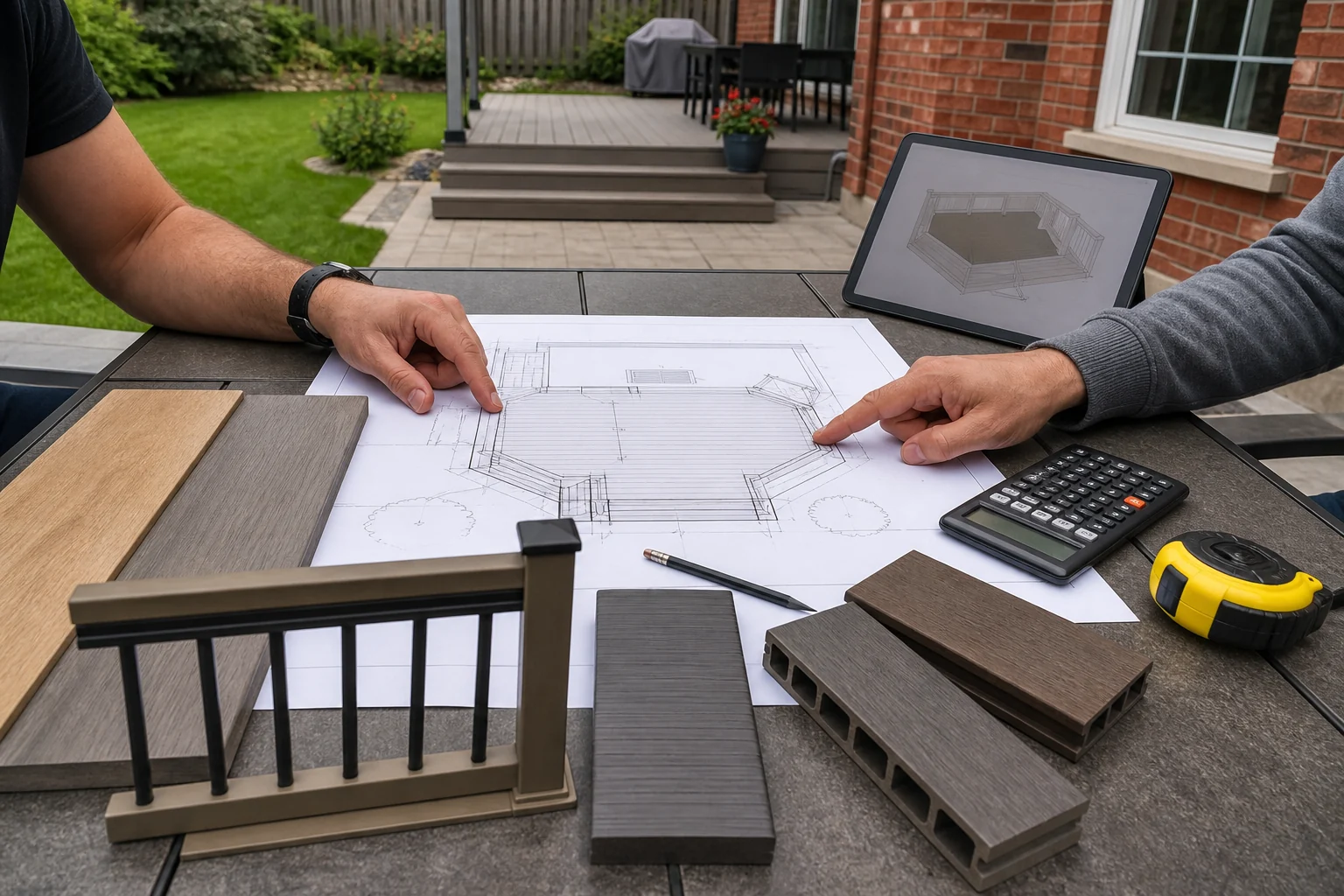 Deck drawings, material samples, railing sample, tape measure and calculator reviewed at a GTA backyard consultation