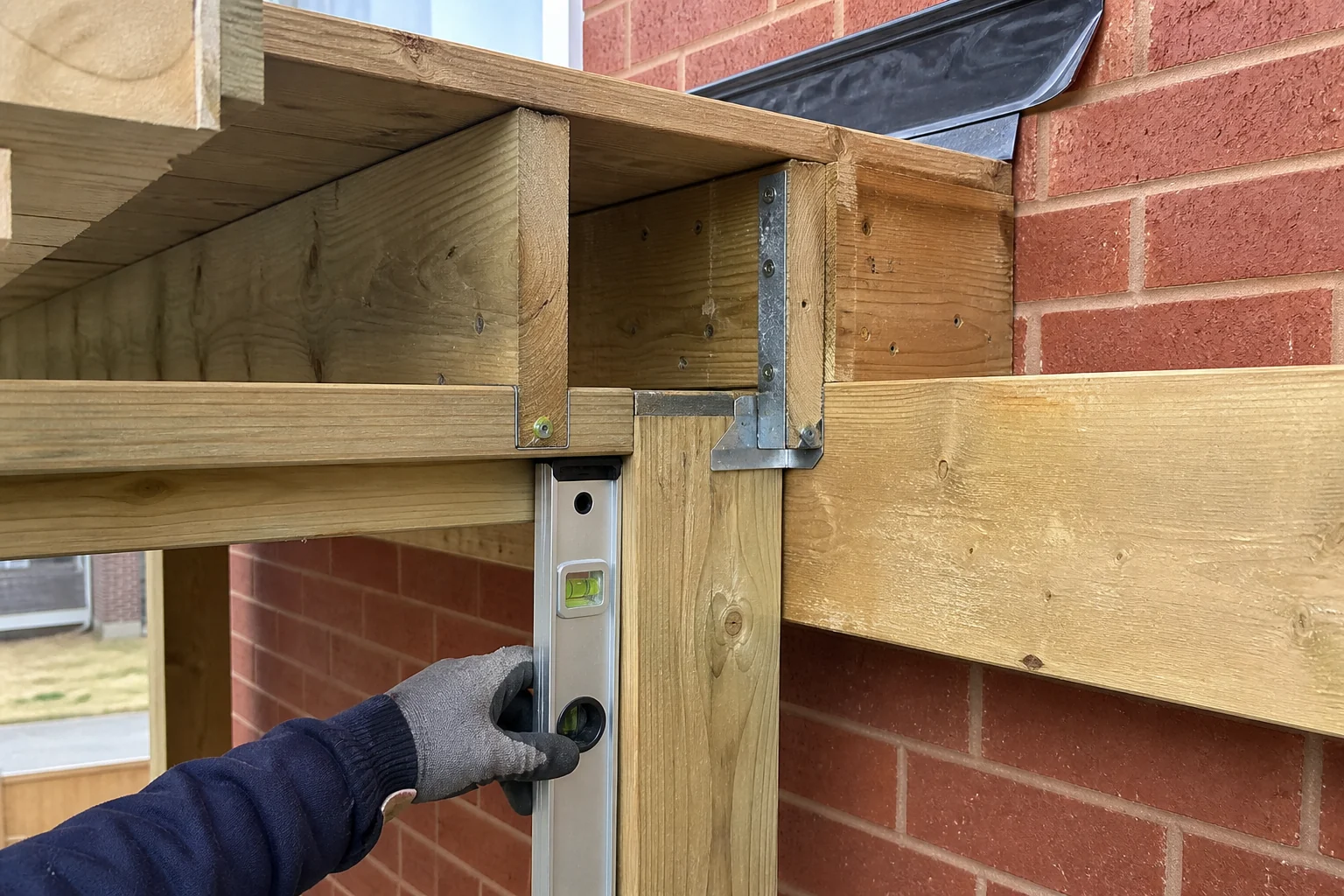 Close view of a deck framing connection being checked with a level beside a brick Ontario home
