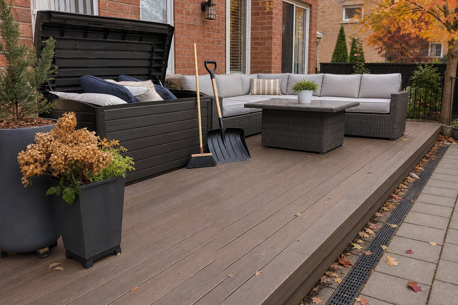 Clean composite deck at an Ontario brick home in autumn with cushions stored and snow tools prepared