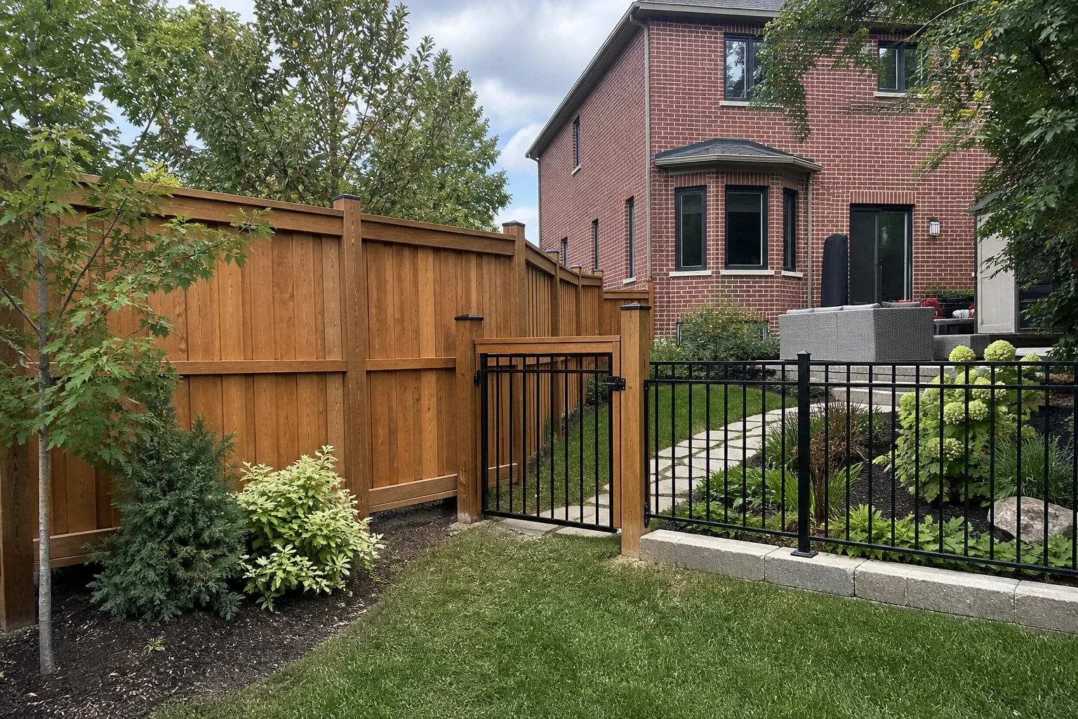 Ontario backyard with a wood privacy fence, black metal garden fence and coordinated gate following the property grade
