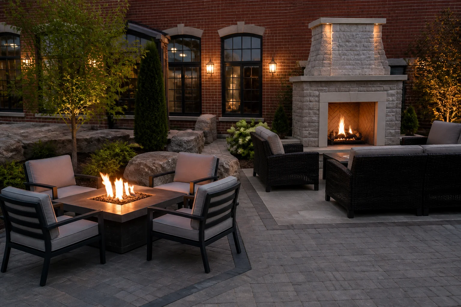 Stone patio at a red-brick GTA home showing a gas fire pit conversation area and a separate outdoor fireplace lounge