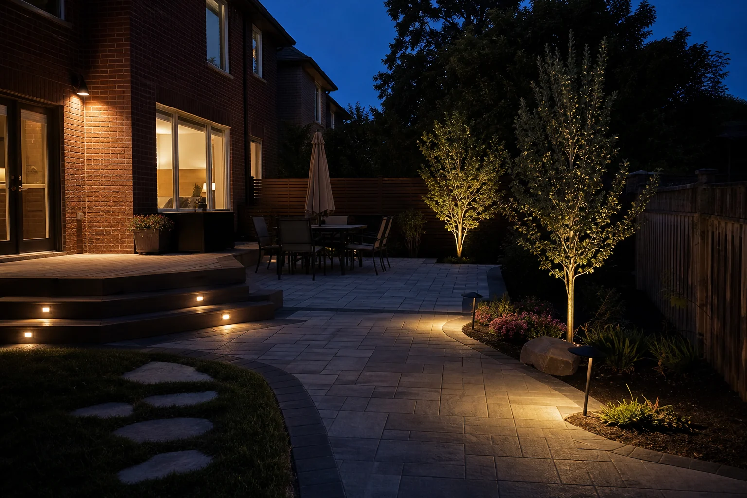 Greater Toronto Area backyard patio at blue hour with warm step lights, path lights and softly illuminated trees