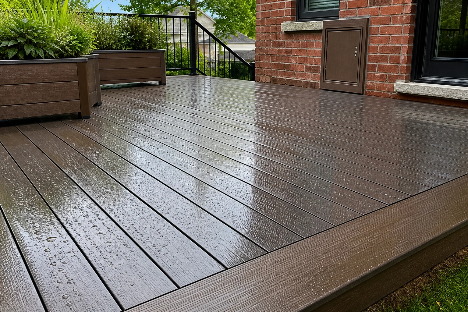Clean composite deck after rain at a red-brick GTA home with aluminum railing and simple planters