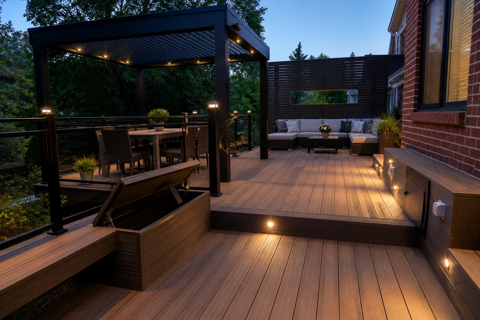 Modern composite deck on a GTA brick home with lighting, pergola, privacy screen, storage and built-in seating