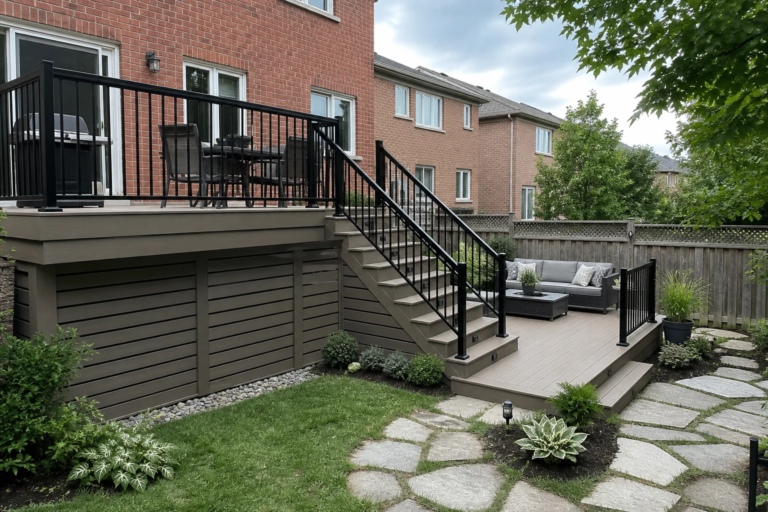 Multi-level composite deck on a Greater Toronto Area brick home with upper dining and lower lounge areas