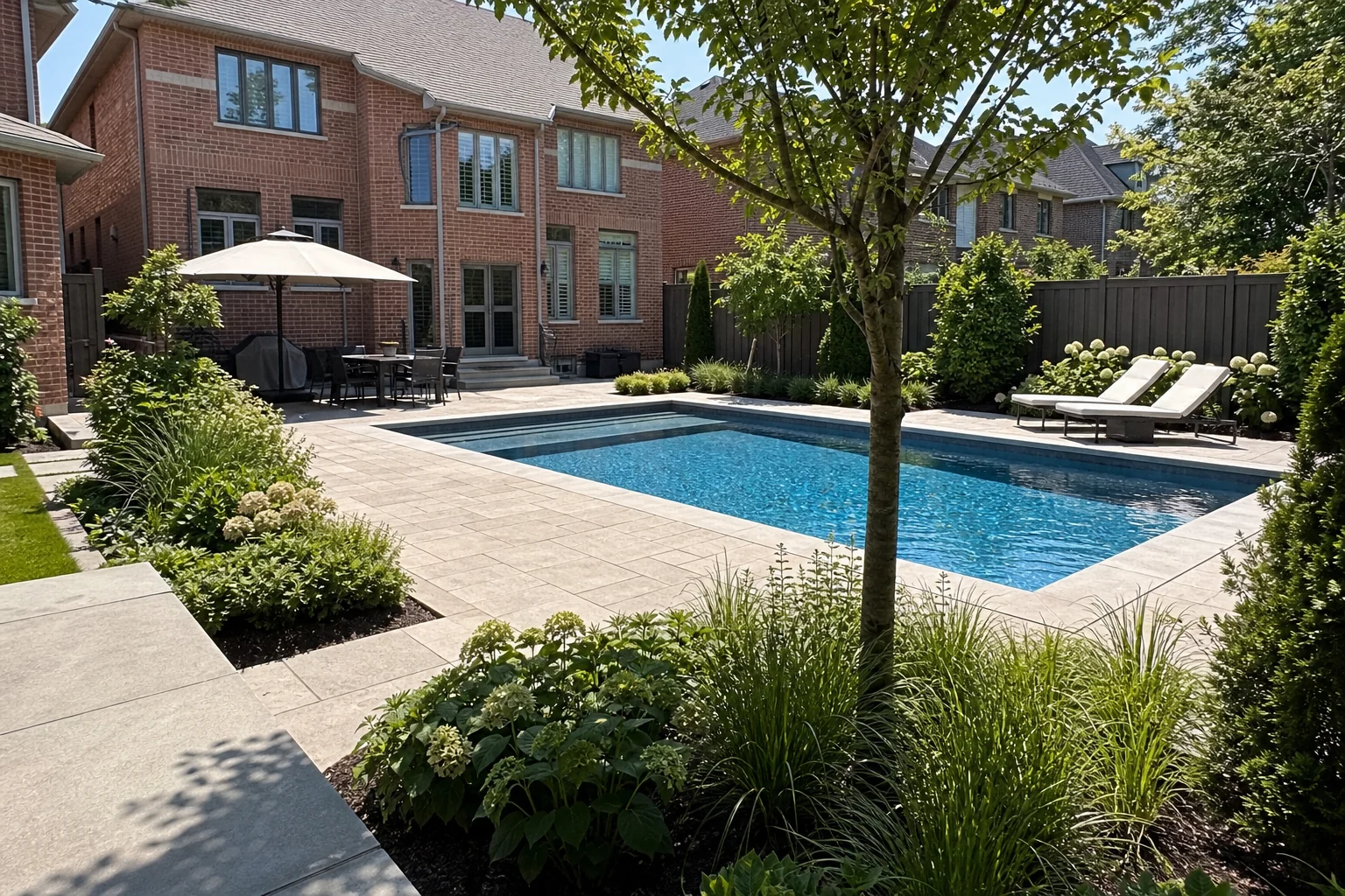 Landscaped backyard pool beside a red-brick Ontario home with stone patio, dining, lounge and planting zones