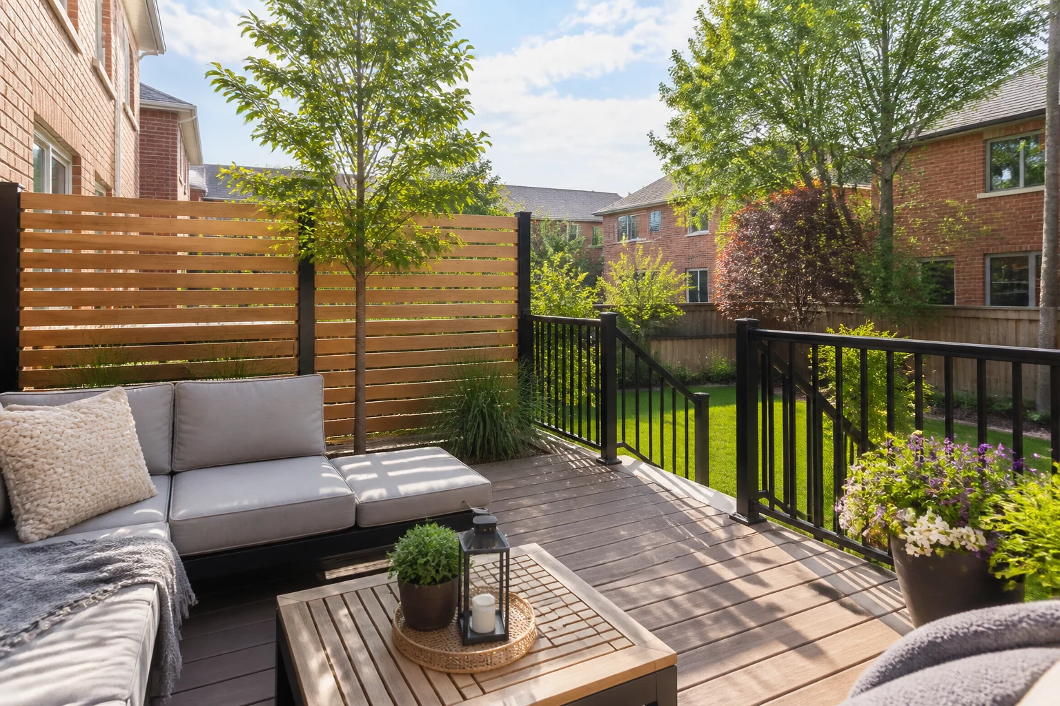 Partial horizontal wood privacy screen beside a composite deck seating area at a Greater Toronto Area brick home