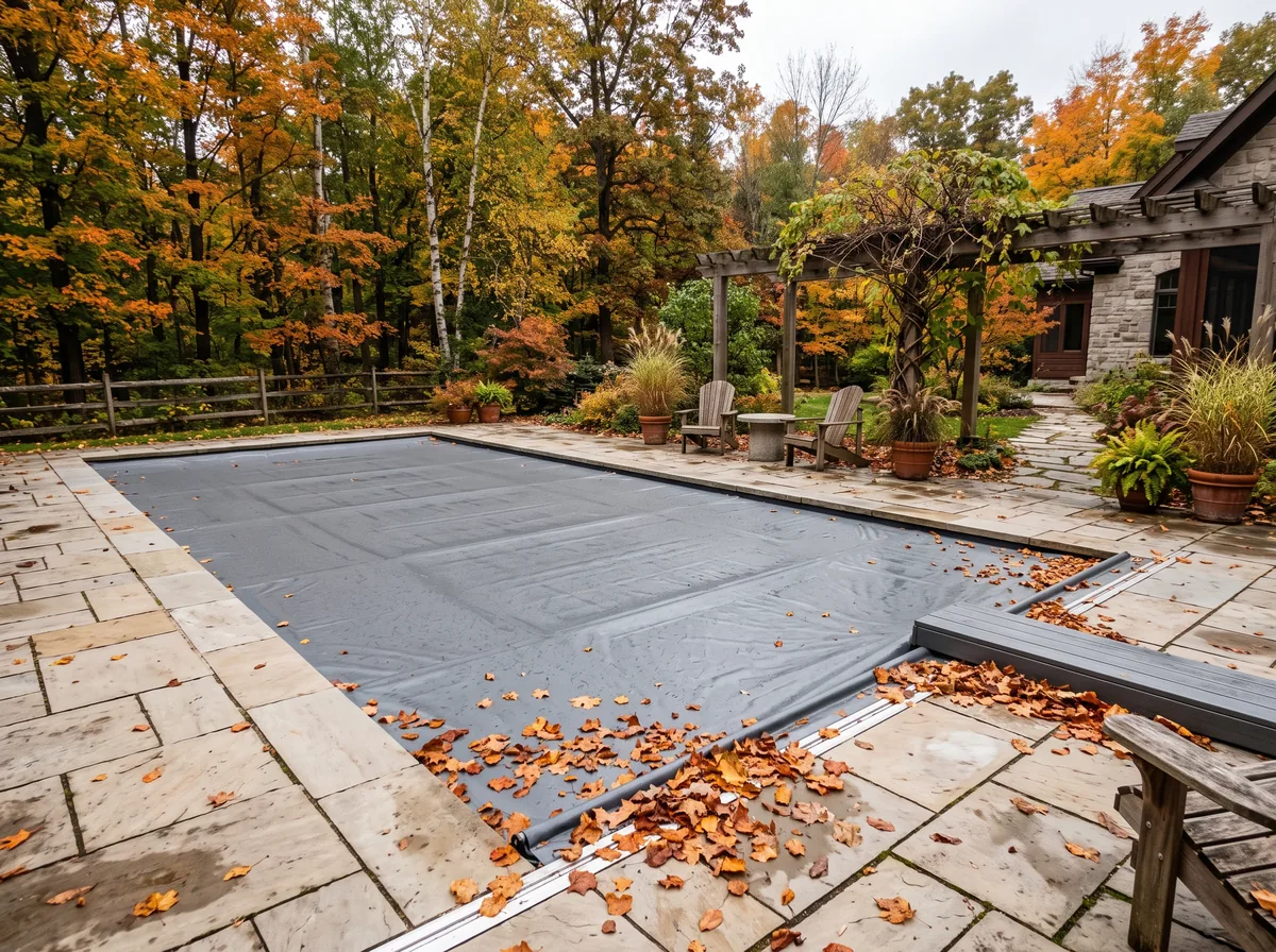 Backyard pool deck with fallen autumn leaves near a closed automatic pool cover