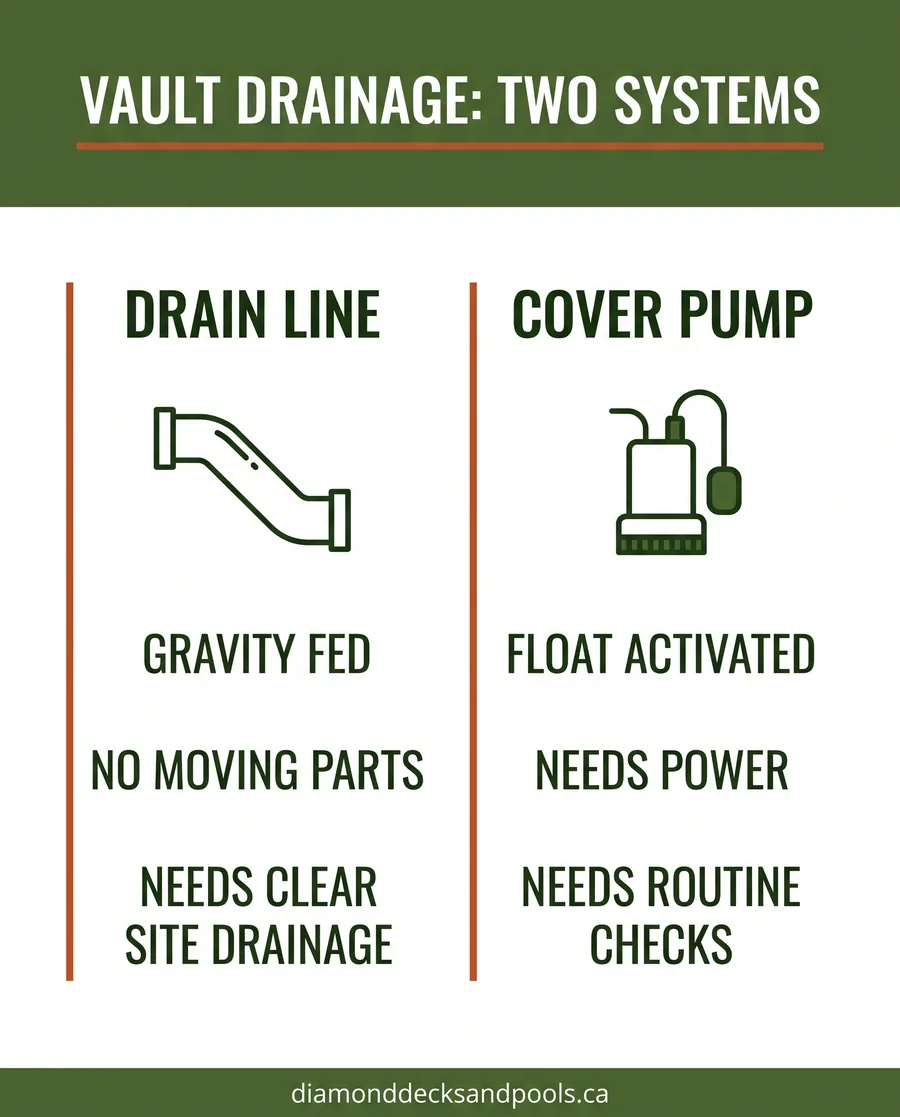 Infographic comparing automatic pool cover vault drainage: drain line vs. cover pump
