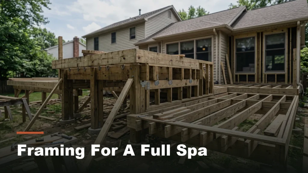 Deck framing under construction with a reinforced section built for extra weight