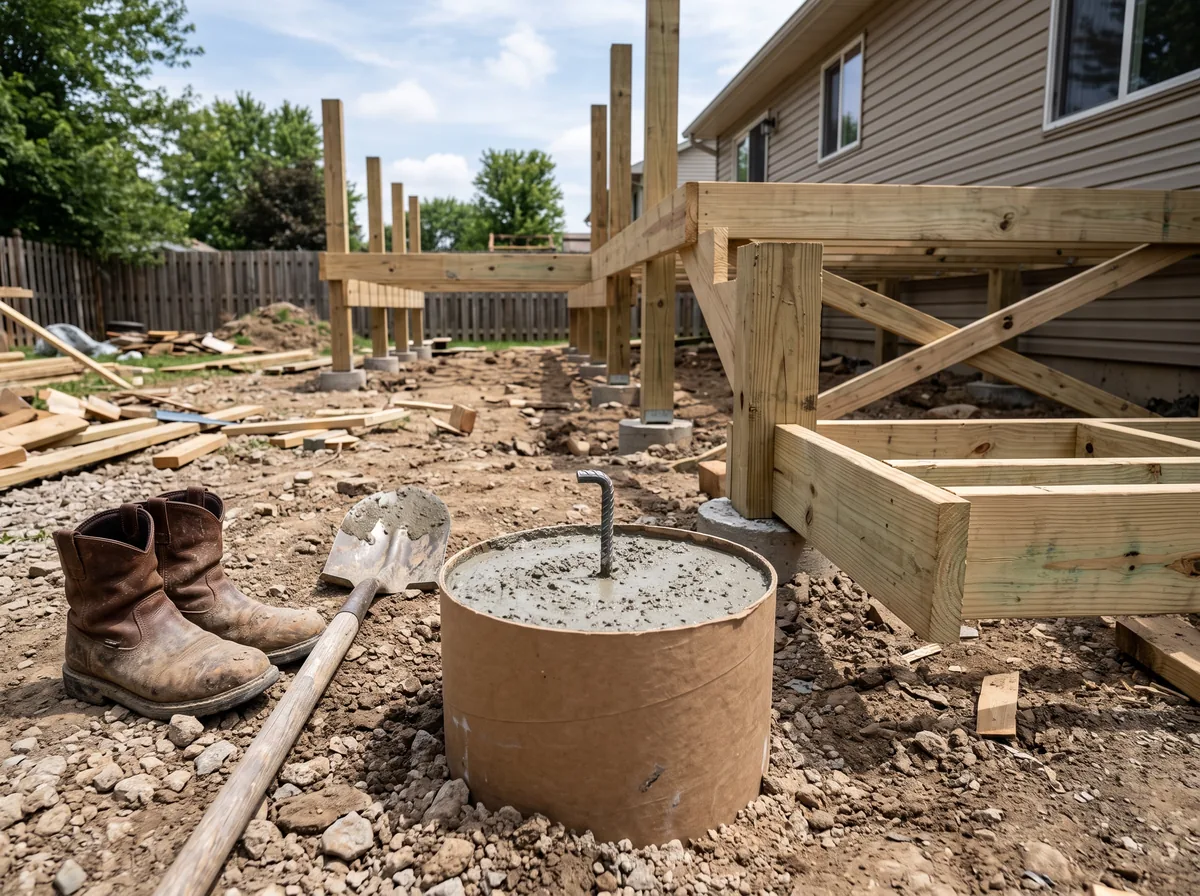 Deck footing being poured next to a partially framed deck structure