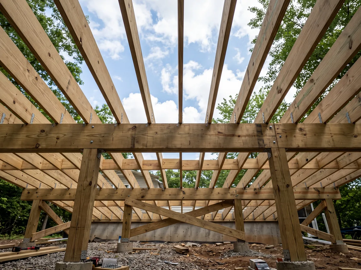 Deck framing under construction showing joists and beams before decking is installed