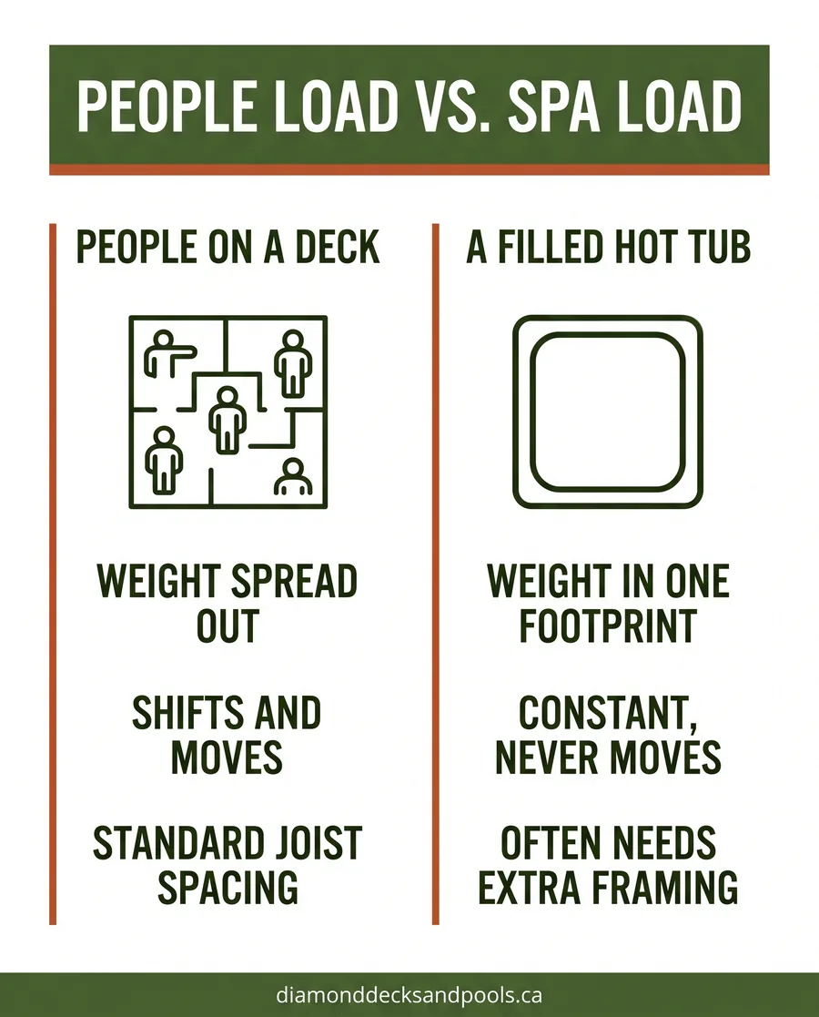 Infographic comparing how a hot tub's deck framing load differs from a people load