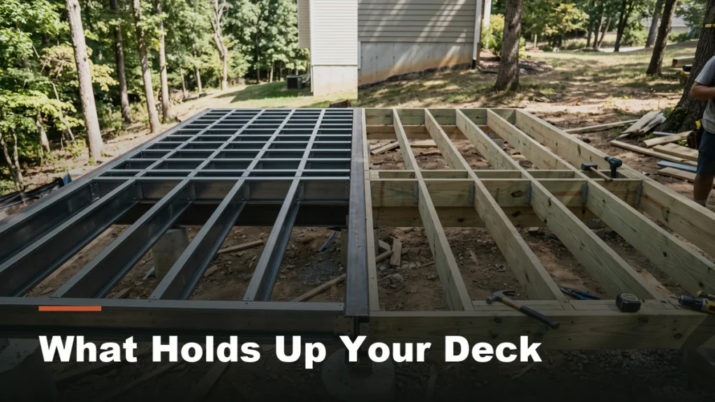 Steel and wood deck framing joists shown side by side under construction