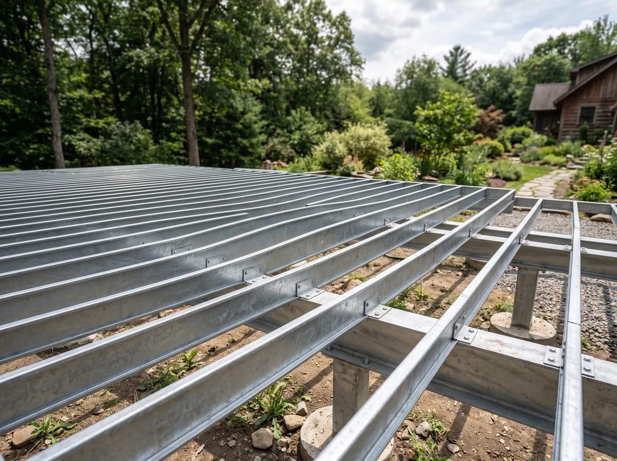 Galvanized steel deck framing joists installed level across a backyard structure