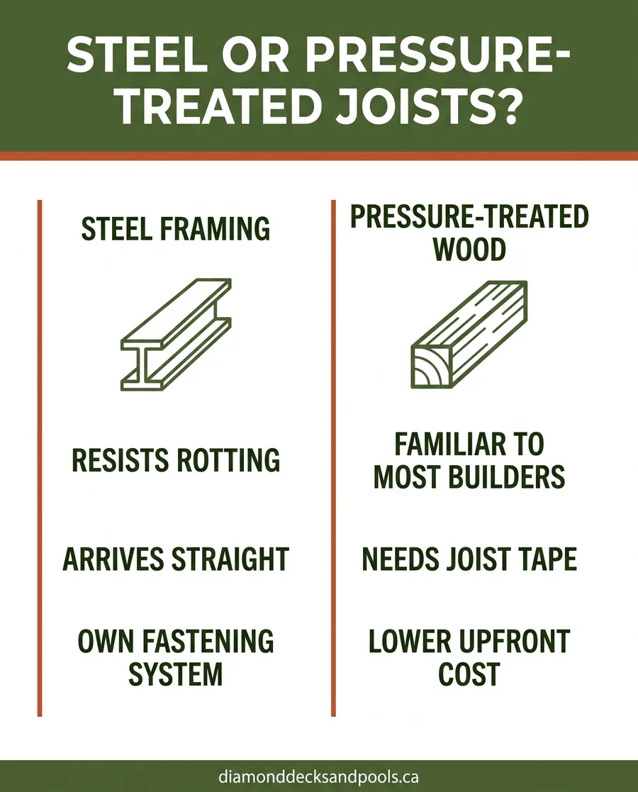 Infographic comparing steel framing and pressure-treated joist options for a deck