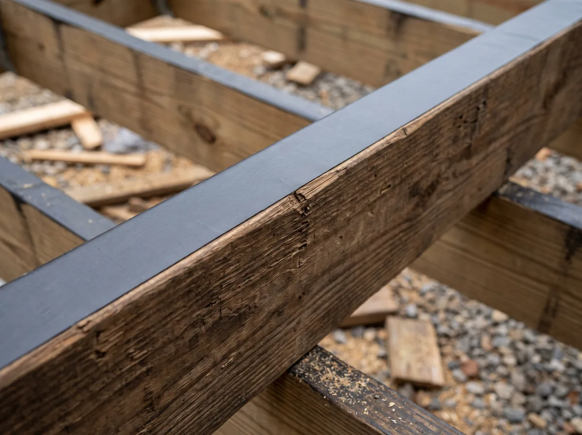 Wood deck joist with protective flashing tape applied along the top edge
