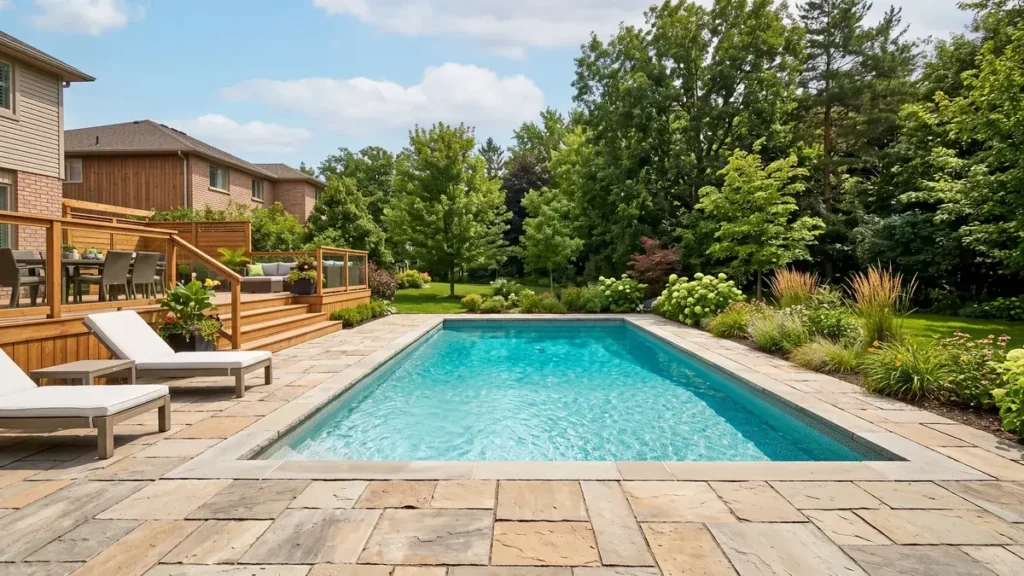 Backyard inground pool with stone patio in an Ontario yard