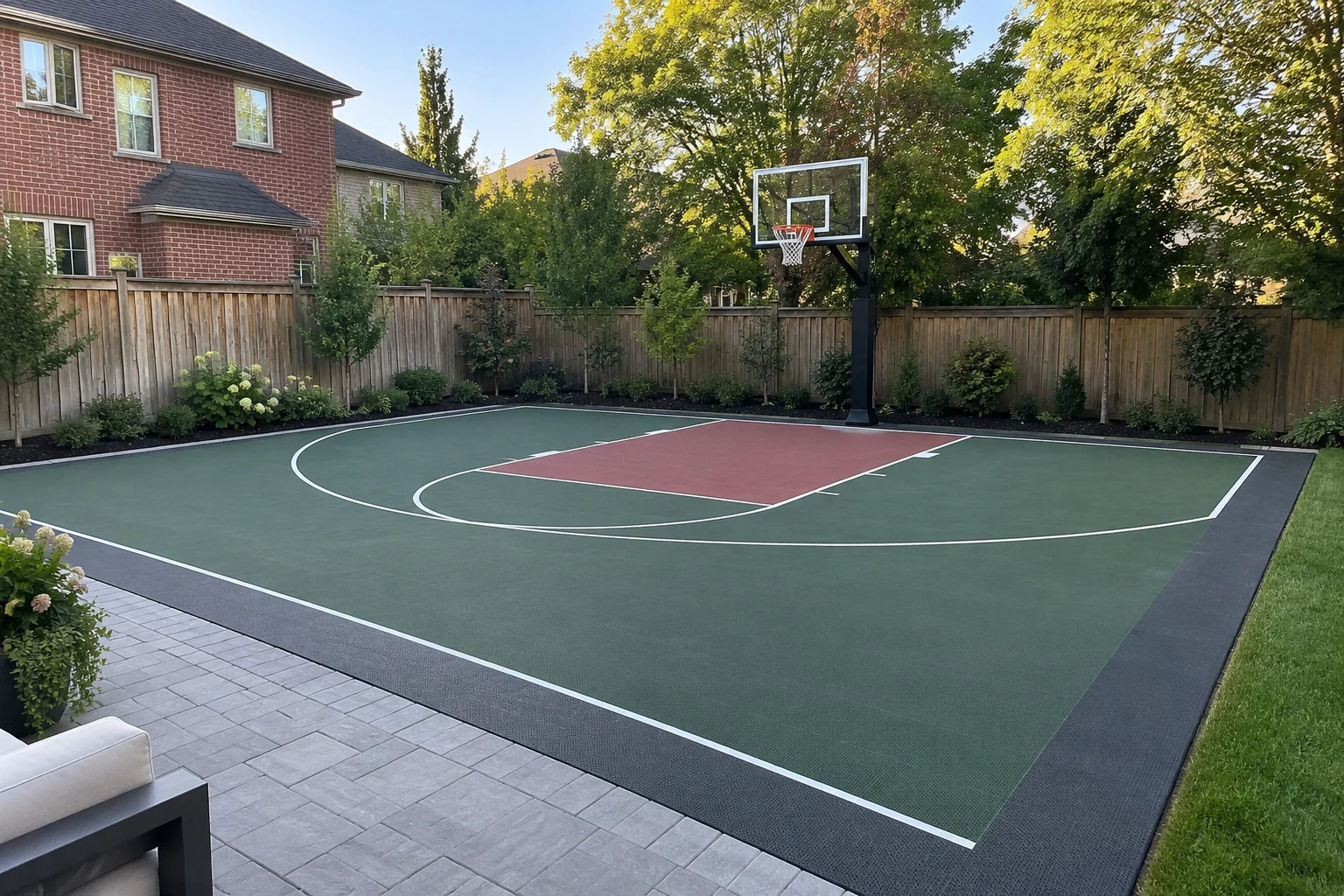 Backyard basketball court concept with green surfacing, a single hoop and a brick Ontario home