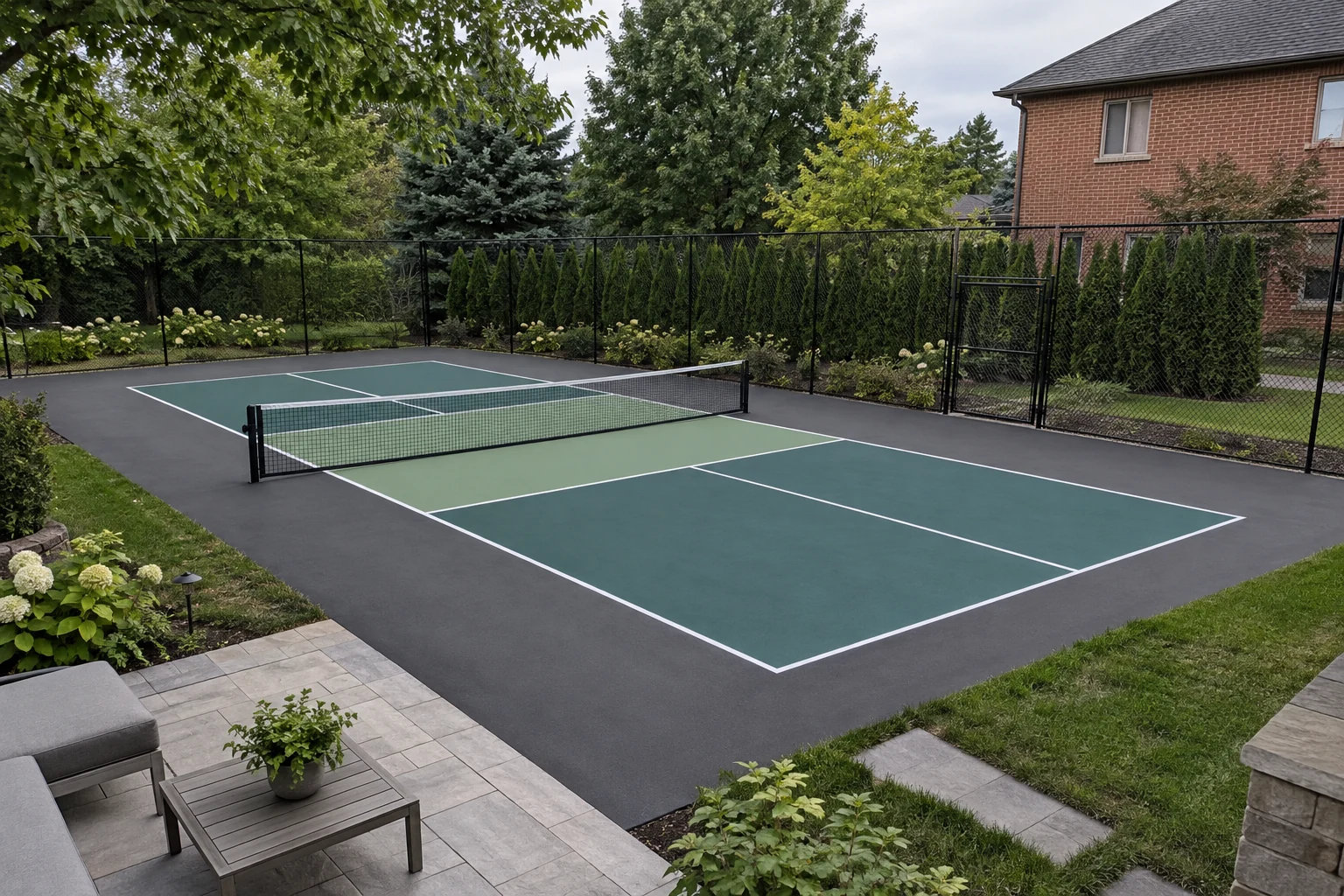 Fenced backyard pickleball court concept beside a brick home, stone patio and planting