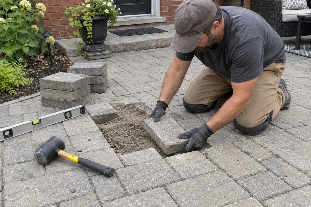 A gloved tradesperson resetting an existing concrete paver during a patio repair