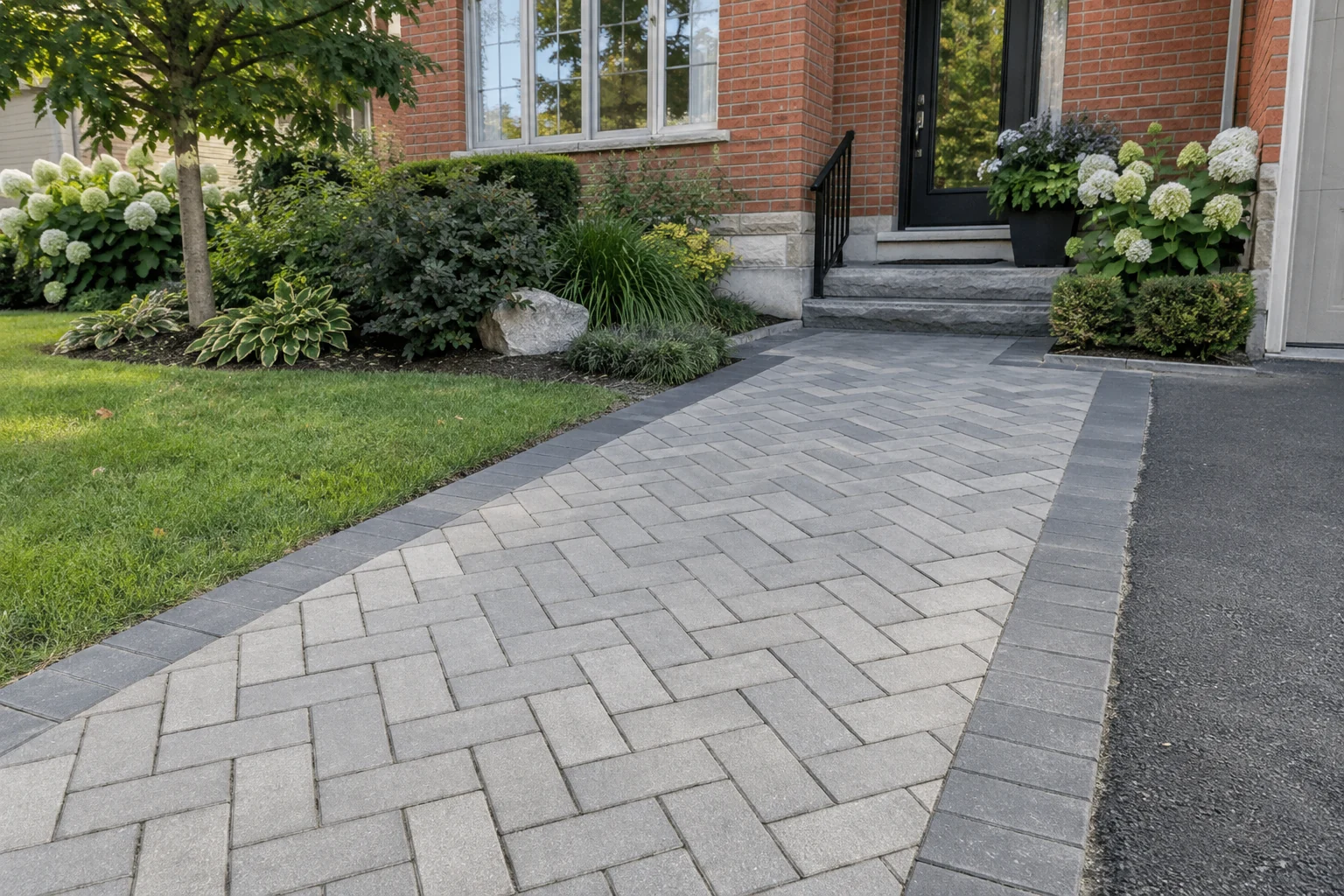 Even grey interlocking paver walkway with a charcoal border leading to a brick home